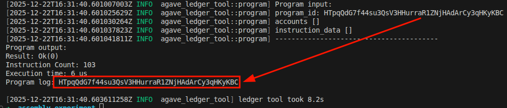 Agave-ledger-tool program log output showing the program ID read directly from the input region