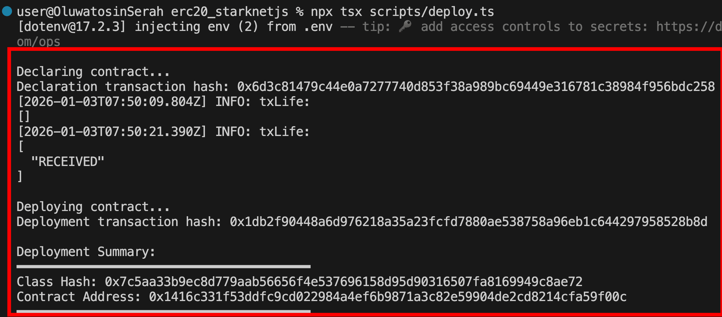Terminal output showing TypeScript deployment script declaring contract and displaying declaration transaction hash