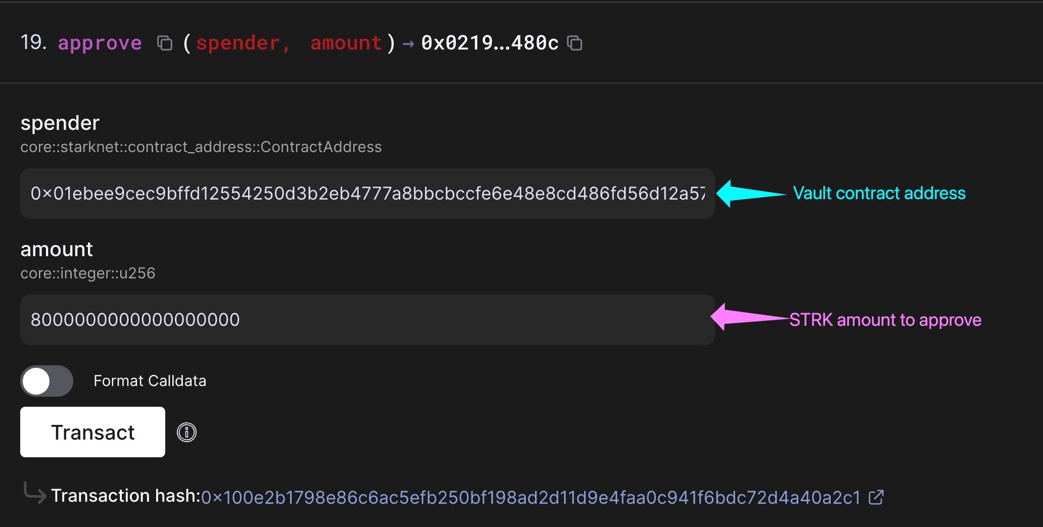 Block explorer showing approve function with vault contract address as spender and STRK amount to approve