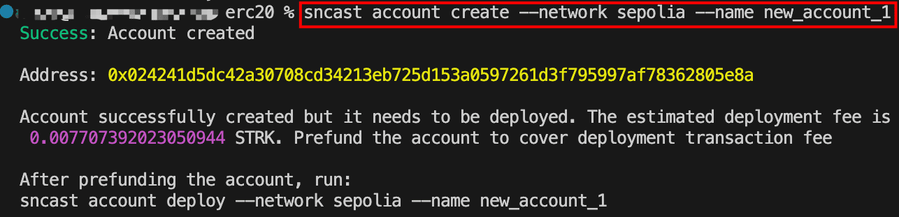 Terminal output showing sncast account create command for Sepolia network, displaying created account address and deployment fee estimate