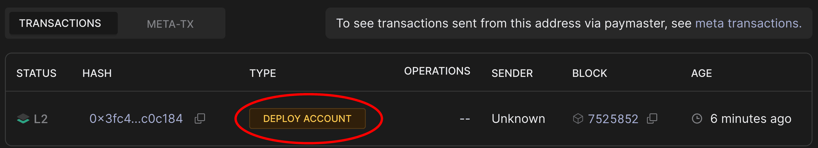 Block explorer transactions tab showing DEPLOY_ACCOUNT transaction type highlighted in red