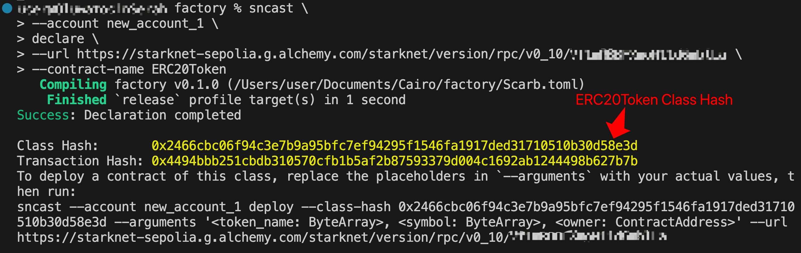 Terminal output showing sncast declare command for ERC20Token contract with class hash