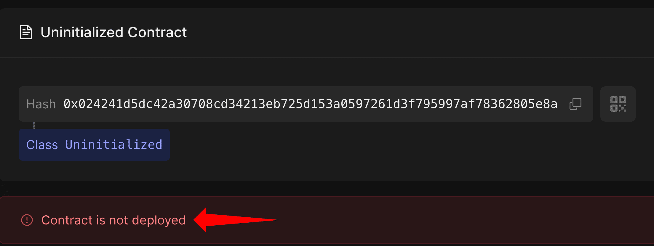 Starknet block explorer showing uninitialized contract with class status indicator and contract not deployed warning