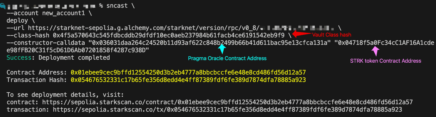 Terminal showing sncast deploy command with vault class hash, Pragma Oracle and STRK token contract addresses as constructor arguments