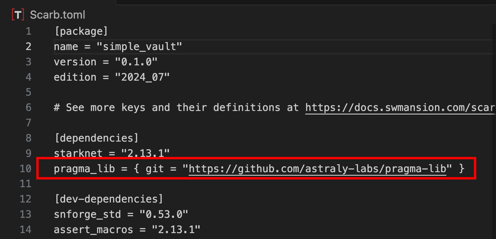 Scarb.toml dependencies showing pragma_lib Git repository URL highlighted