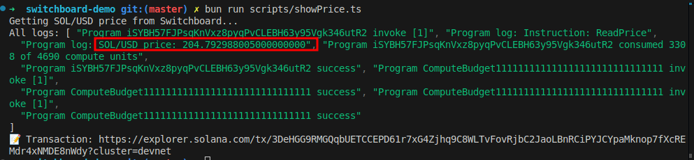 SOL USD price shown in terminal