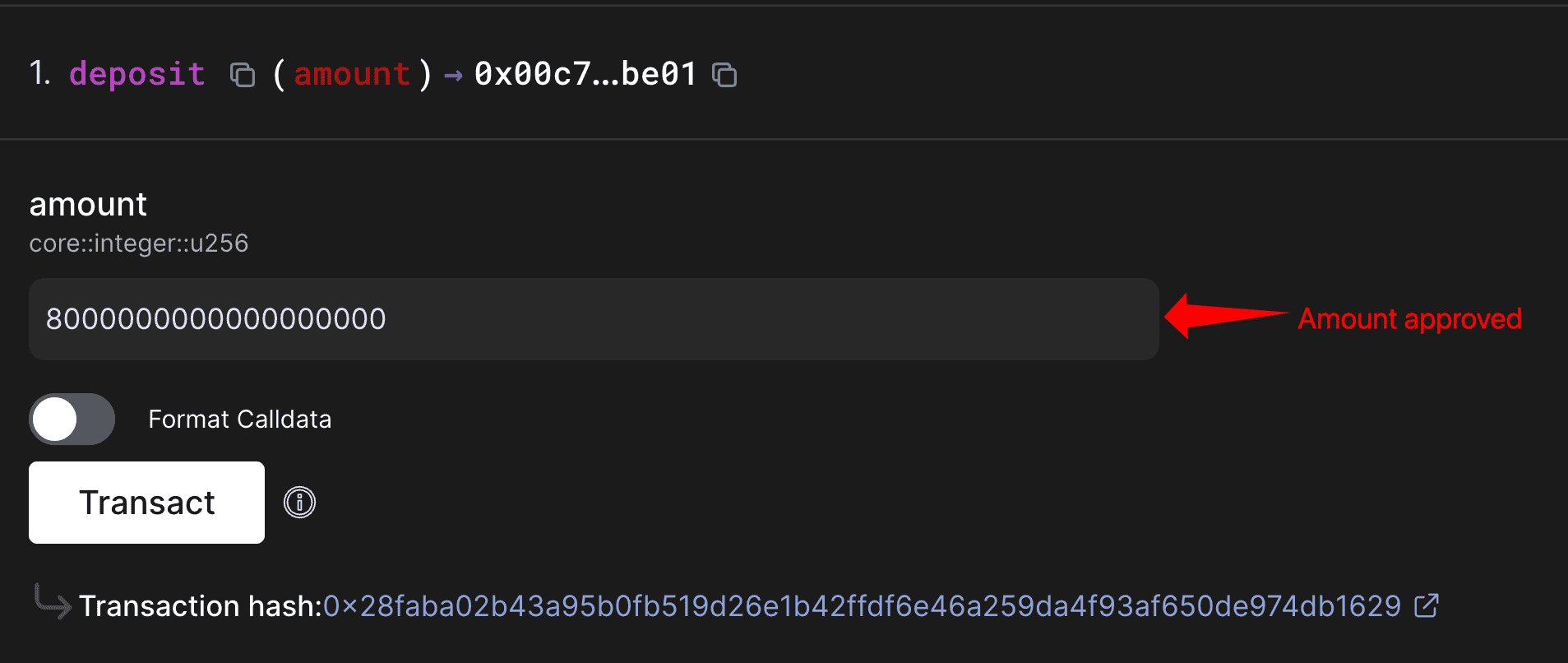 Block explorer showing deposit function with approved STRK amount