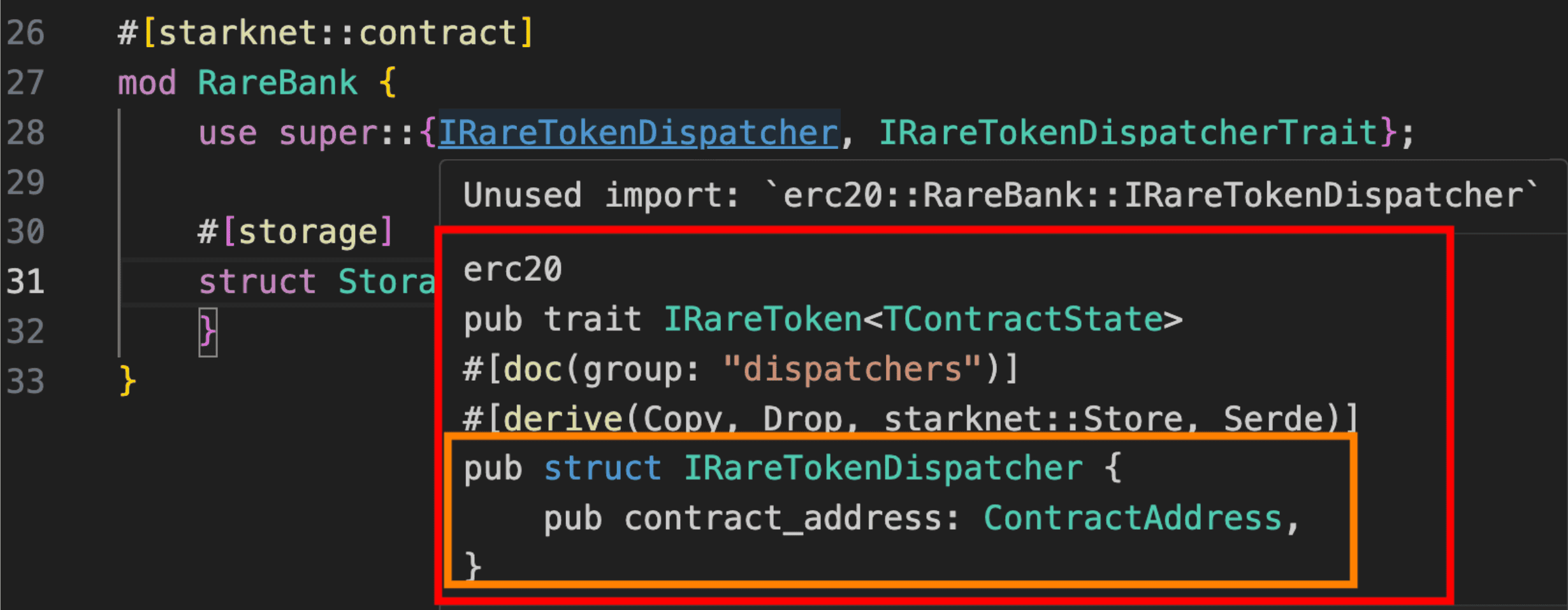Compiler-generated IRareTokenDispatcher struct showing the contract_address field of type ContractAddress