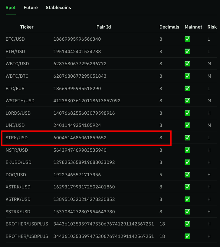 Pragma oracle price feed data showing trading pair with STRK/USD pair ID highlighted