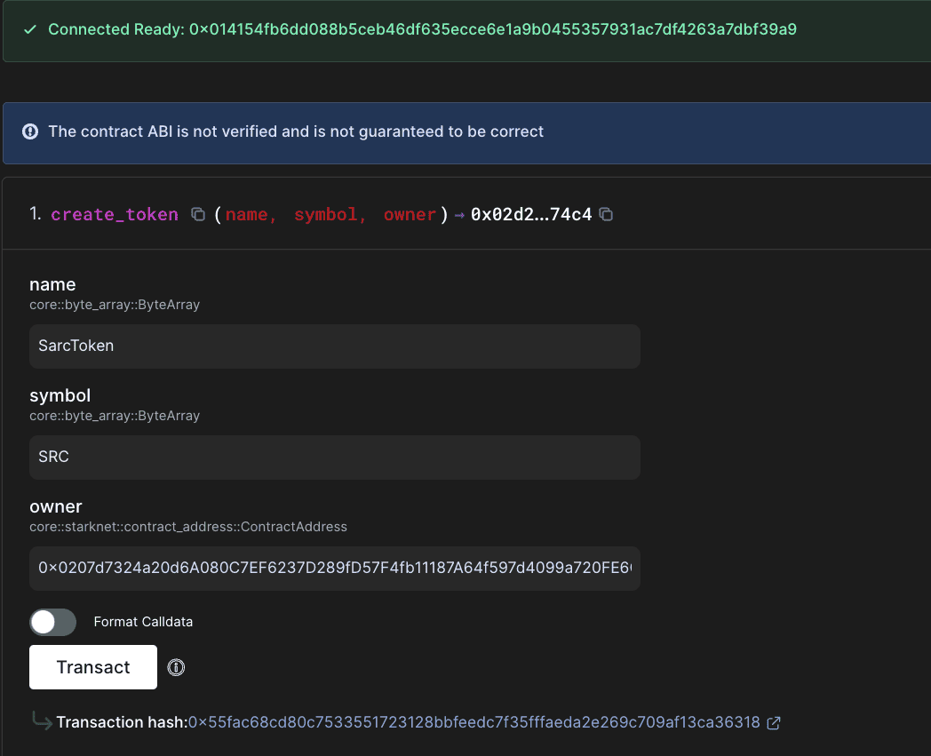Block explorer Write Contract interface showing create_token function with name, symbol, and owner parameters