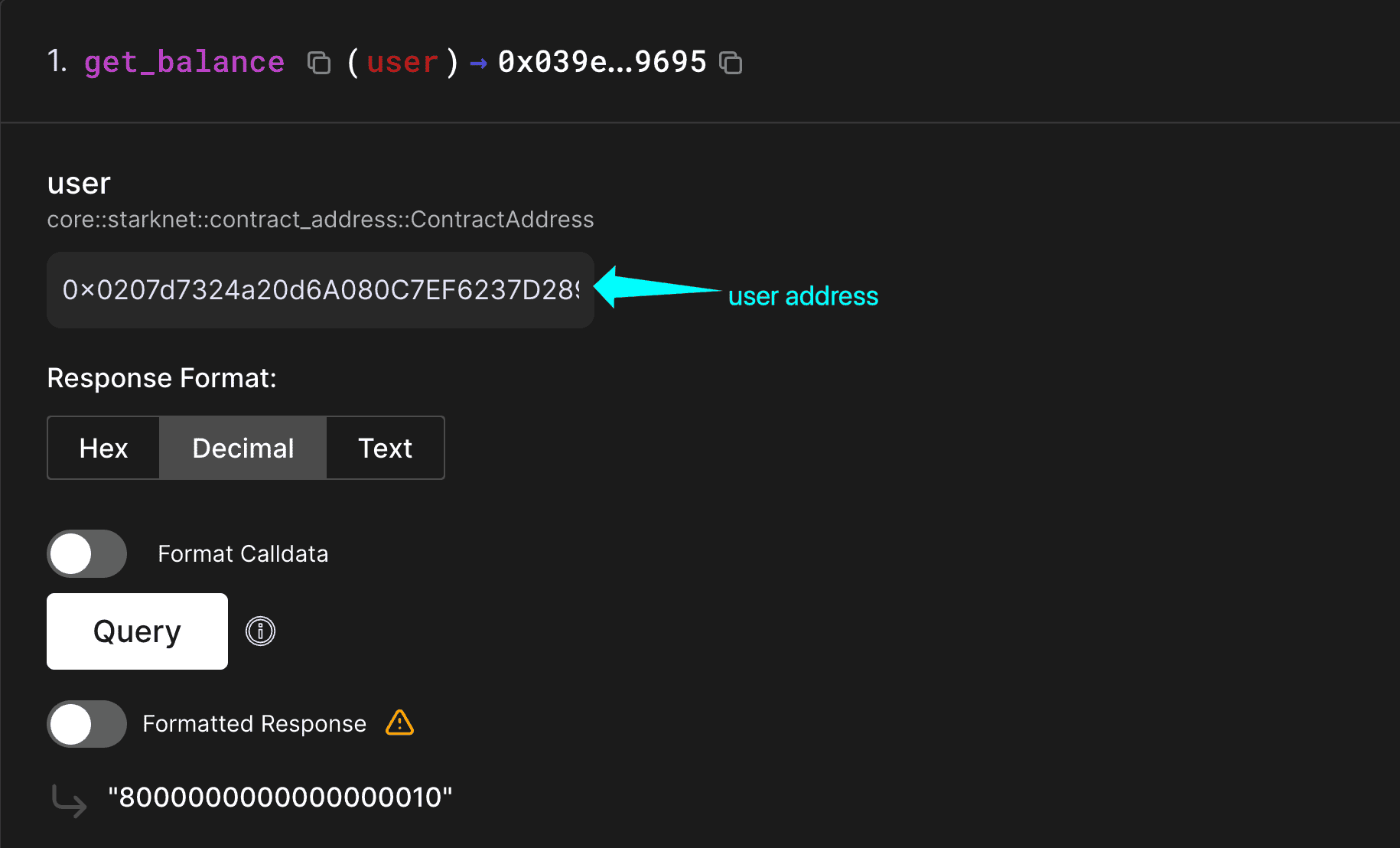 Block explorer showing get_balance query with user address returning deposited vault balance