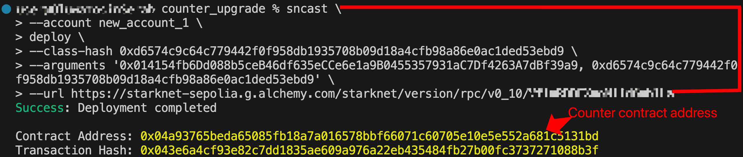 Terminal showing sncast deploy command with Counter class hash and constructor arguments, displaying deployed contract address