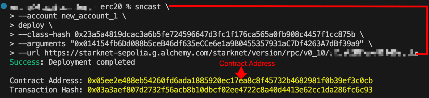 Terminal output of sncast deploy command showing class hash, constructor arguments, and deployment success with contract address highlighted