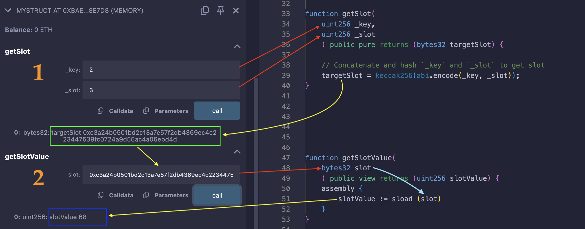 remix screenshot showing slot for mapping within a struct and its value