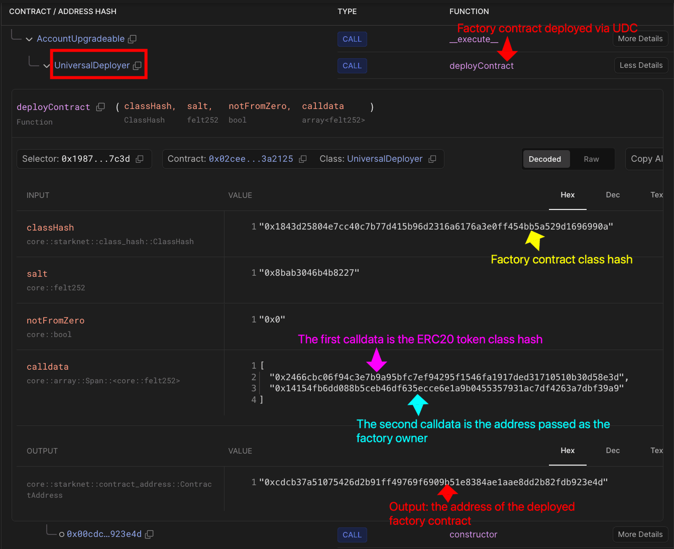 Block explorer showing UniversalDeployer deployContract function with factory class hash and owner address calldata
