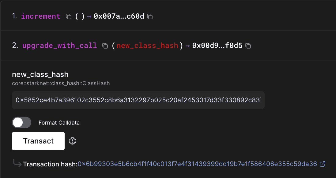 Block explorer showing upgrade_with_call transaction with new class hash and transaction hash