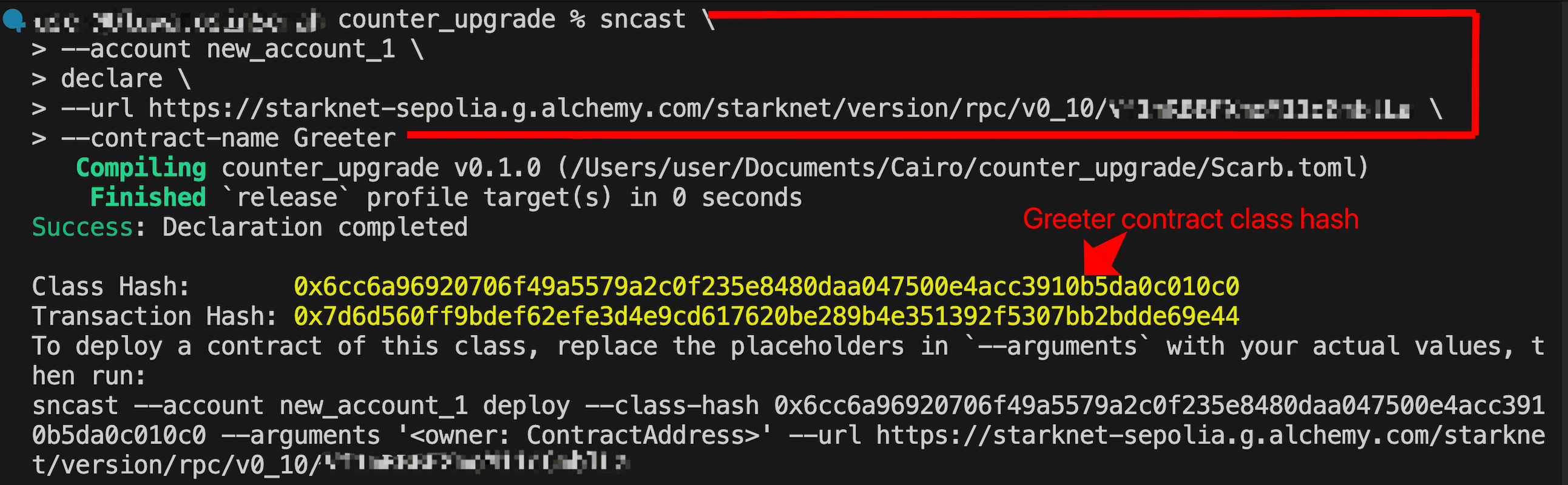 Terminal showing sncast declare command for Greeter contract