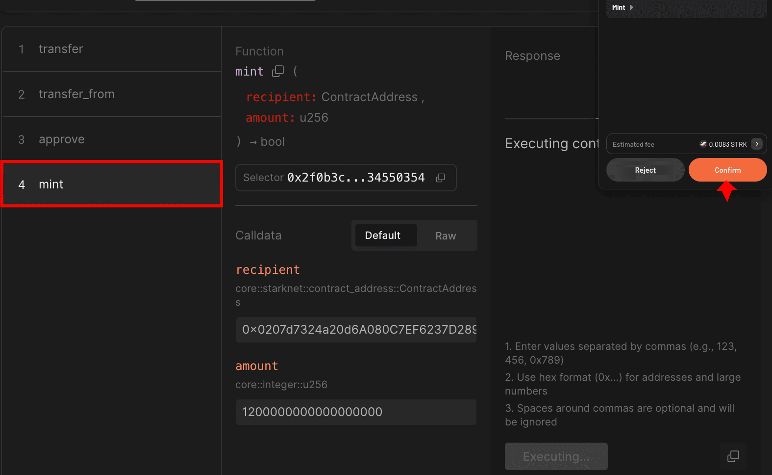 Block explorer showing mint function with recipient address and amount fields, transaction confirmation dialog