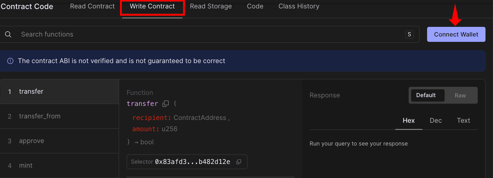 Block explorer Write Contract tab showing transfer function interface with Connect Wallet button