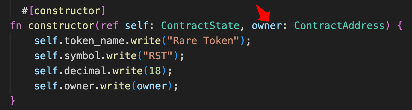 Constructor function signature showing owner parameter of type ContractAddress, initializing token_name, symbol, decimal, and owner storage variables