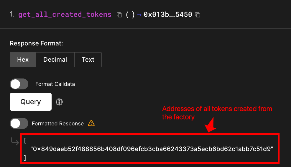Block explorer showing get_all_created_tokens query result returning array of deployed token contract addresses