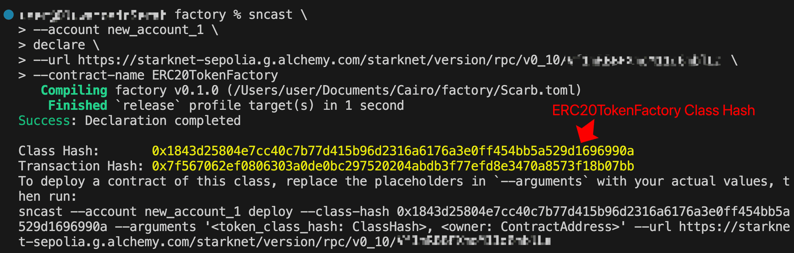 Terminal output showing sncast declare command for ERC20TokenFactory contract with class hash