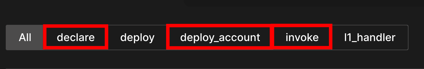 Navigation tabs showing declare, deploy, deploy_account, invoke, and l1_handler options, with declare, deploy_account, and invoke highlighted in red