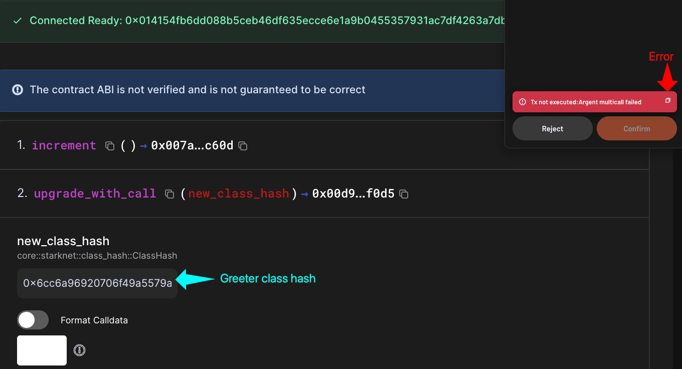 Block explorer showing upgrade_with_call function with Greeter class hash input and error message