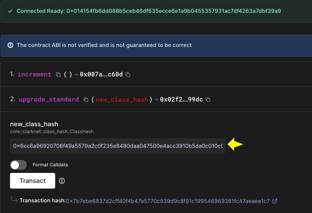 Block explorer showing upgrade_standard function with new_class_hash parameter