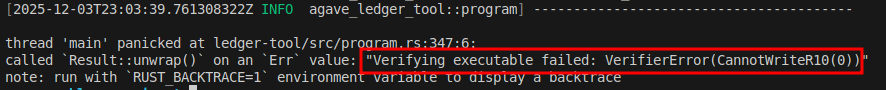 A screenshot showing agave-ledger-tool logs. It’s highlighting an error resulting from an attempt to write to r10 with mov.