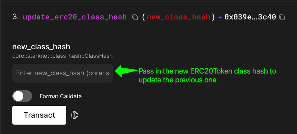 Block explorer showing update_erc20_class_hash function with new_class_hash parameter for updating factory's token class hash
