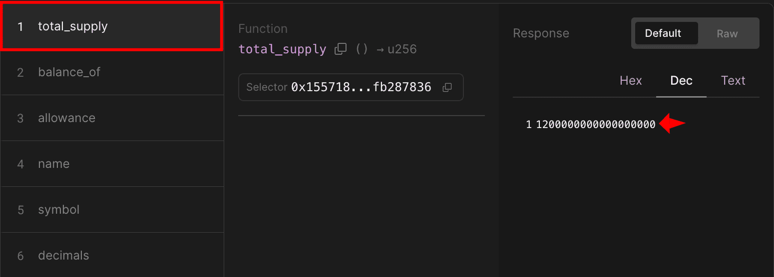 Block explorer Read Contract tab showing total_supply function return value