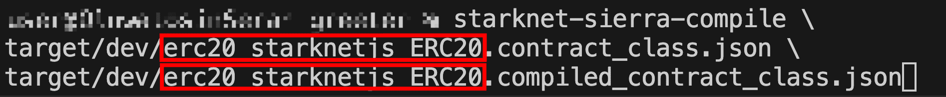 starknet-sierra-compile command with input and output file paths for erc20_starknetjs_ERC20 contract highlighted