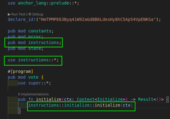 Anchor program code snippet showing how the instructions module is declared, imported, and used.