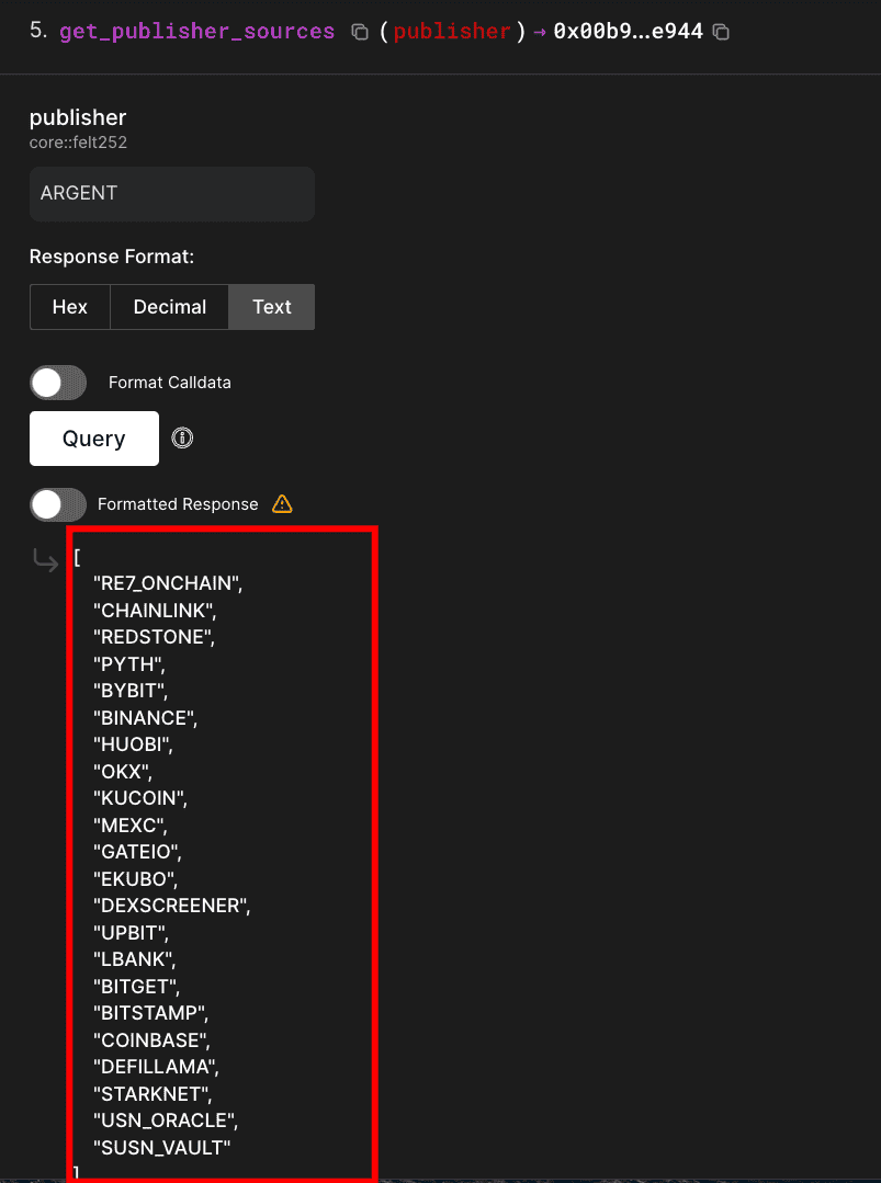 Block explorer showing get_publisher_sources query for ARGENT publisher