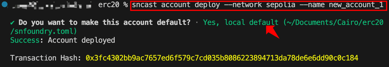 Terminal output of sncast account deploy command on Sepolia, showing successful deployment confirmation and transaction hash