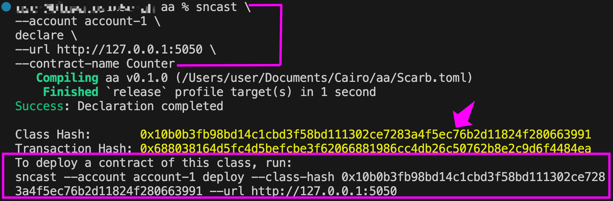 Terminal showing a successful Counter contract declaration with the resulting class hash