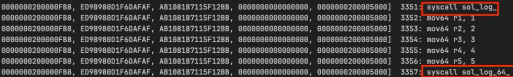 A screenshot showing execution trace and highlighting the sol_log_64 syscall.