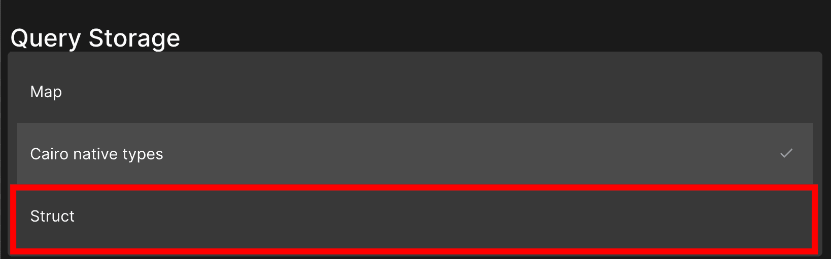 Query Storage interface showing Struct type selector highlighted