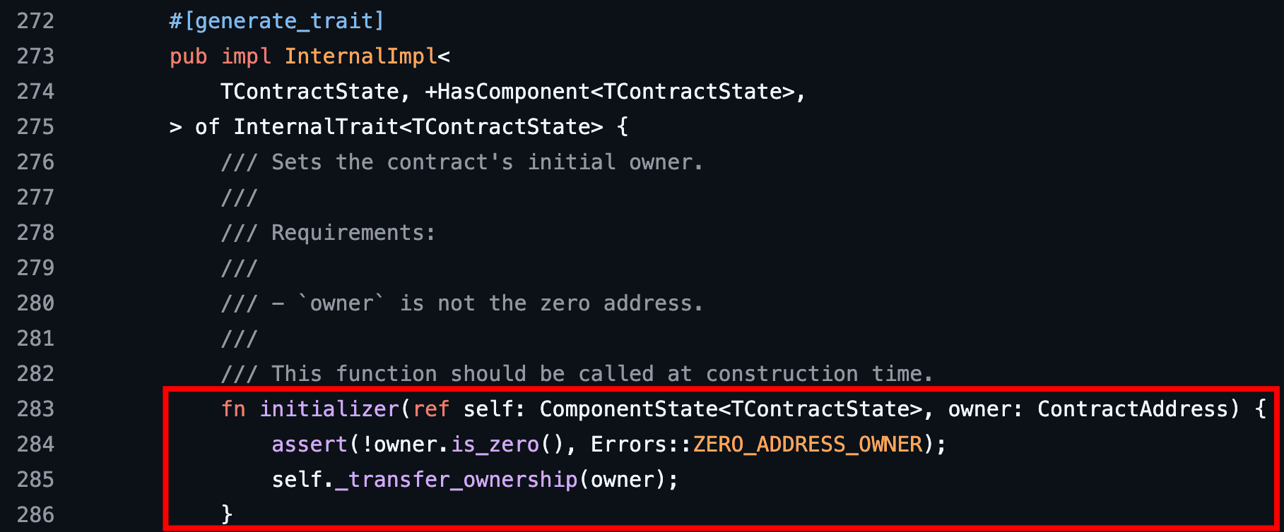 Initializer function validates owner address and transfers ownership