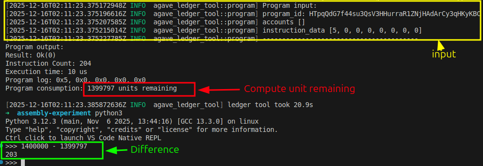 agave-ledger-tool program output showing 203 compute units consumed to read 5 bytes from the instruction input region