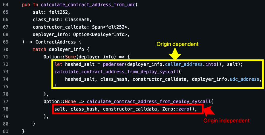 Code snippet showing origin-dependent and origin-independent contract address calculation using pedersen hash with deployer caller address versus Zero address