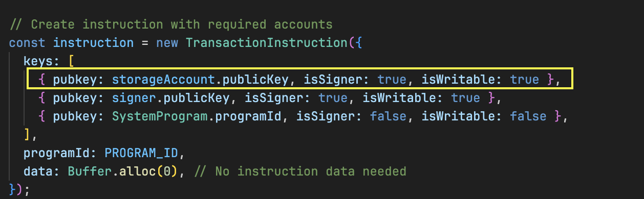 A JavaScript code snippet that builds an instruction off-chain. It sets the account as a signer.