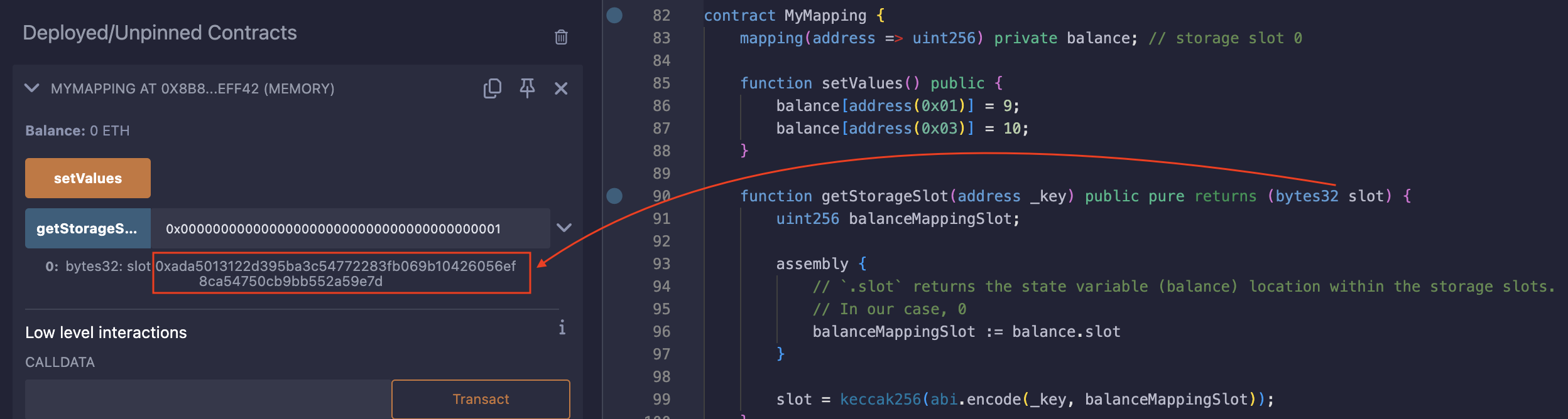 remix screenshot of the returned slot when getStorageSlot function is called