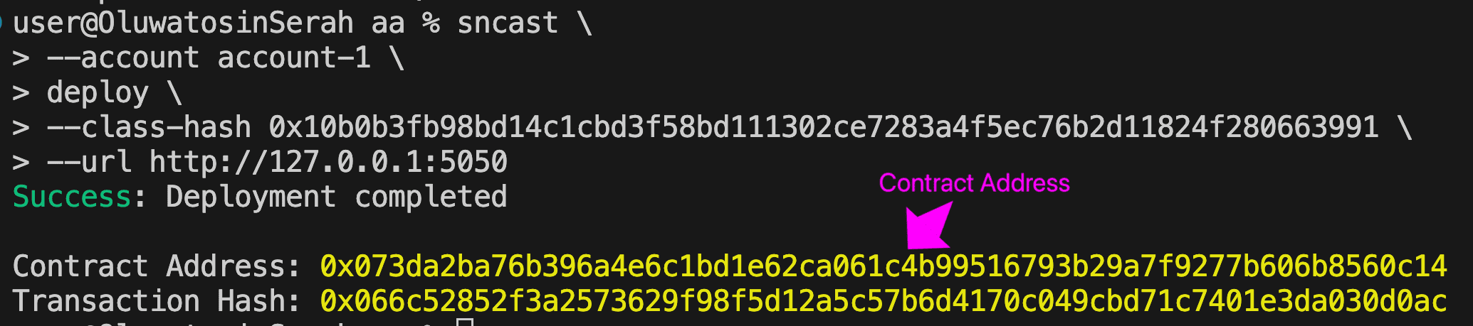 Terminal showing a successful Counter contract deployment with the resulting contract address highlighted