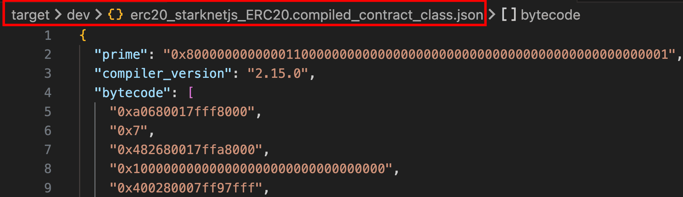 Code editor showing target/dev directory with erc20_starknetjs_ERC20.compiled_contract_class.json file highlighted, displaying bytecode array