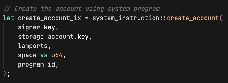 A Rust code snippet showing a call to system_instruction::create_account to build a create-account instruction.