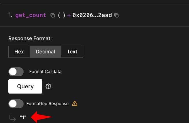 Block explorer showing get_count query result