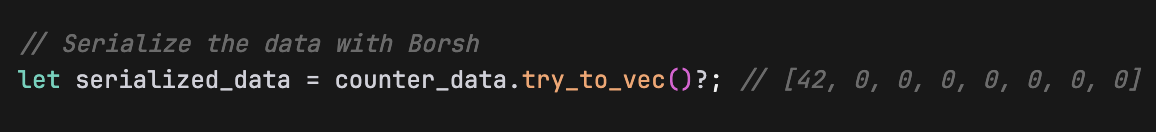 A Rust code snippet showing how Borsh serializes the CounterData struct