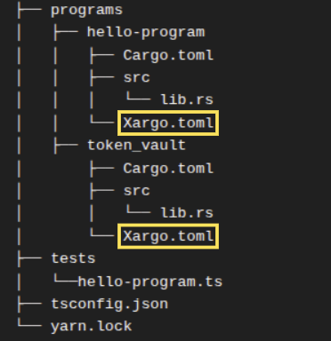 A diagram highlighting the automatically generated Xargo.toml file in Anchor programs.